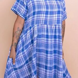 Tuesday of California blue plaid cotton gauze babydoll dress